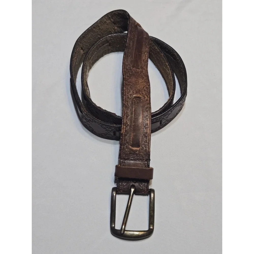 Vtg Genuine Soft Leather Brown Embossed Belt Bronze Buckle 34-38